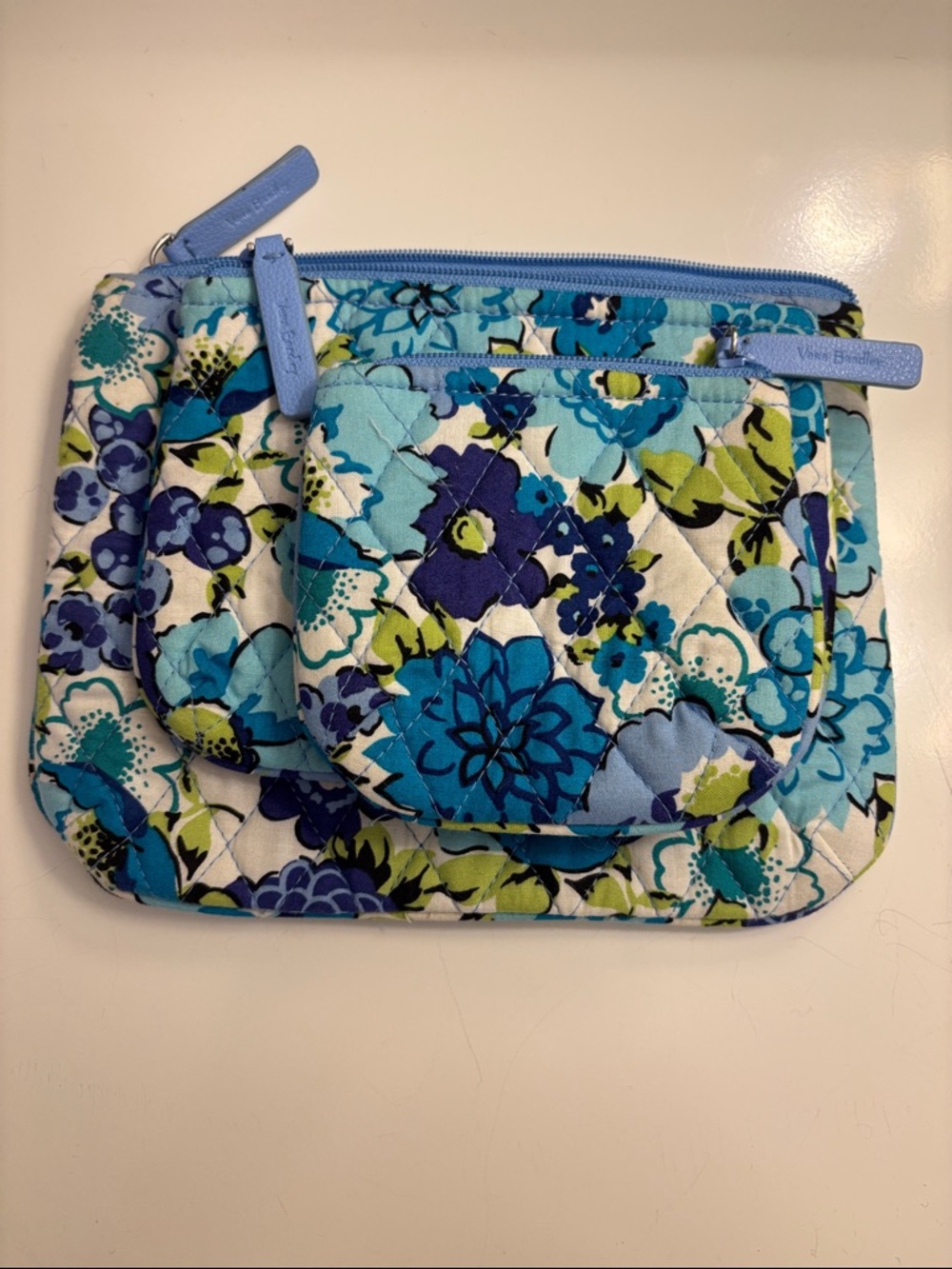 Vera Bradley Blue Green Floral Quilted Zip Pouch Trio